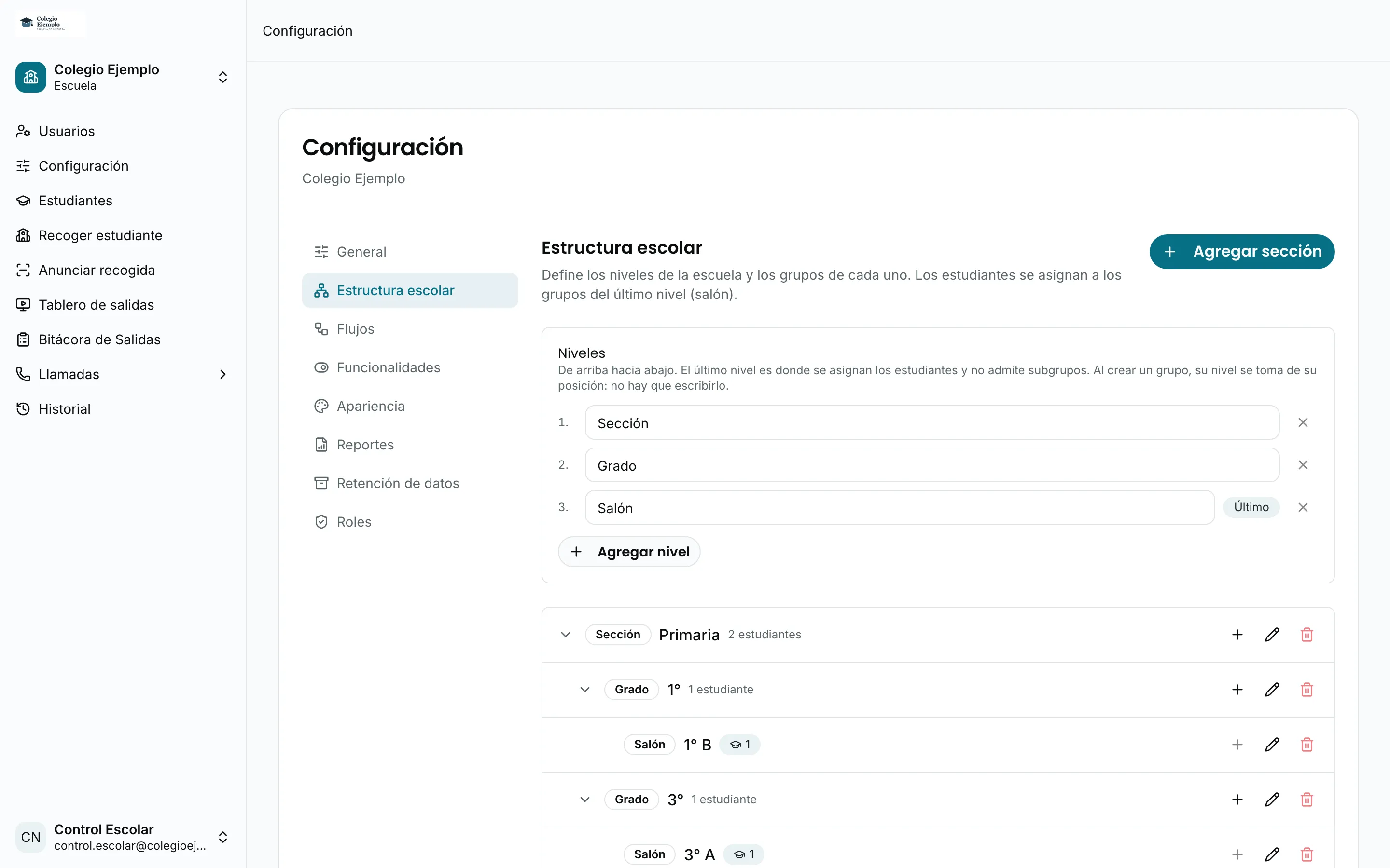 Los niveles configurados y el árbol de grupos de la escuela