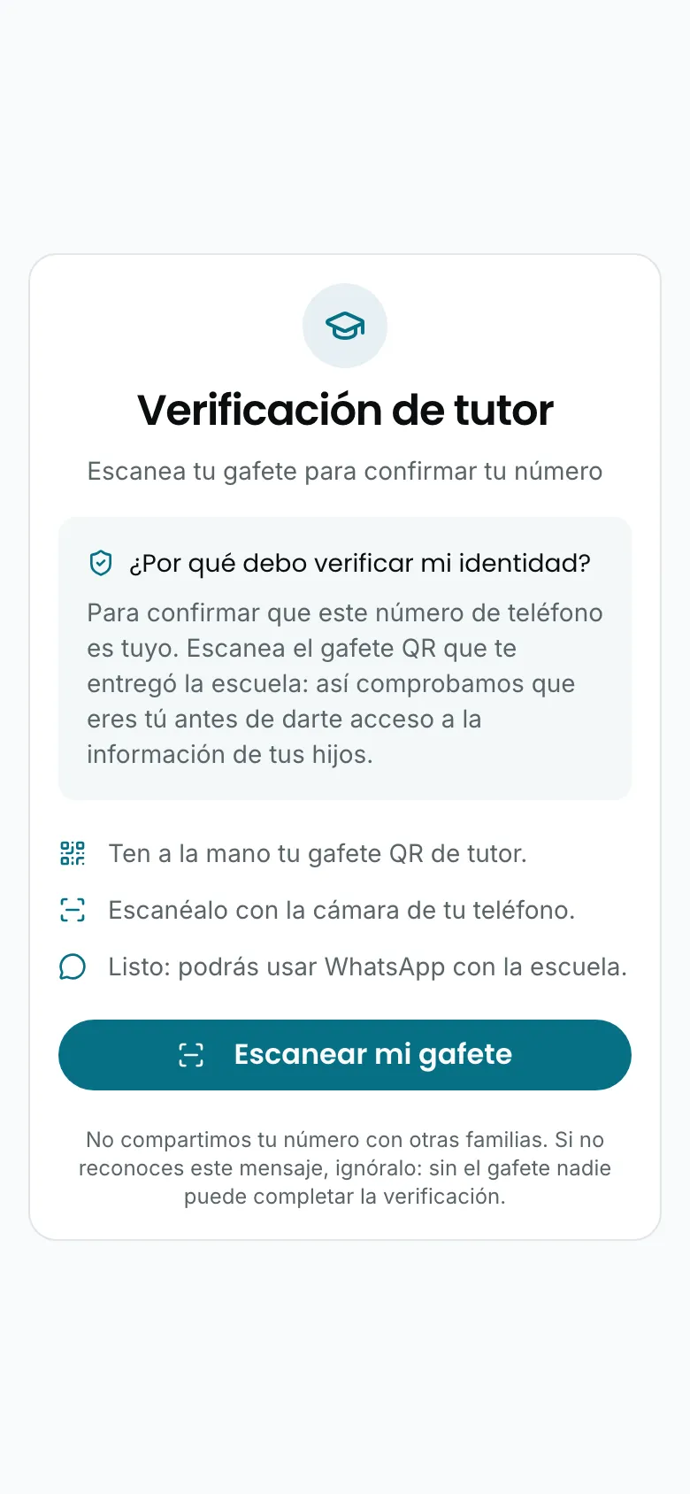 La página de verificación de tutor, antes de escanear el gafete